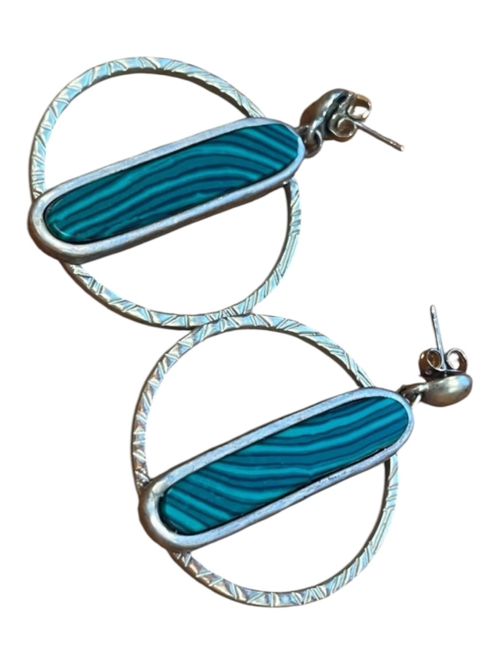 Artisan Turquoise Green Striped Oval Drop Hoop Earrings
